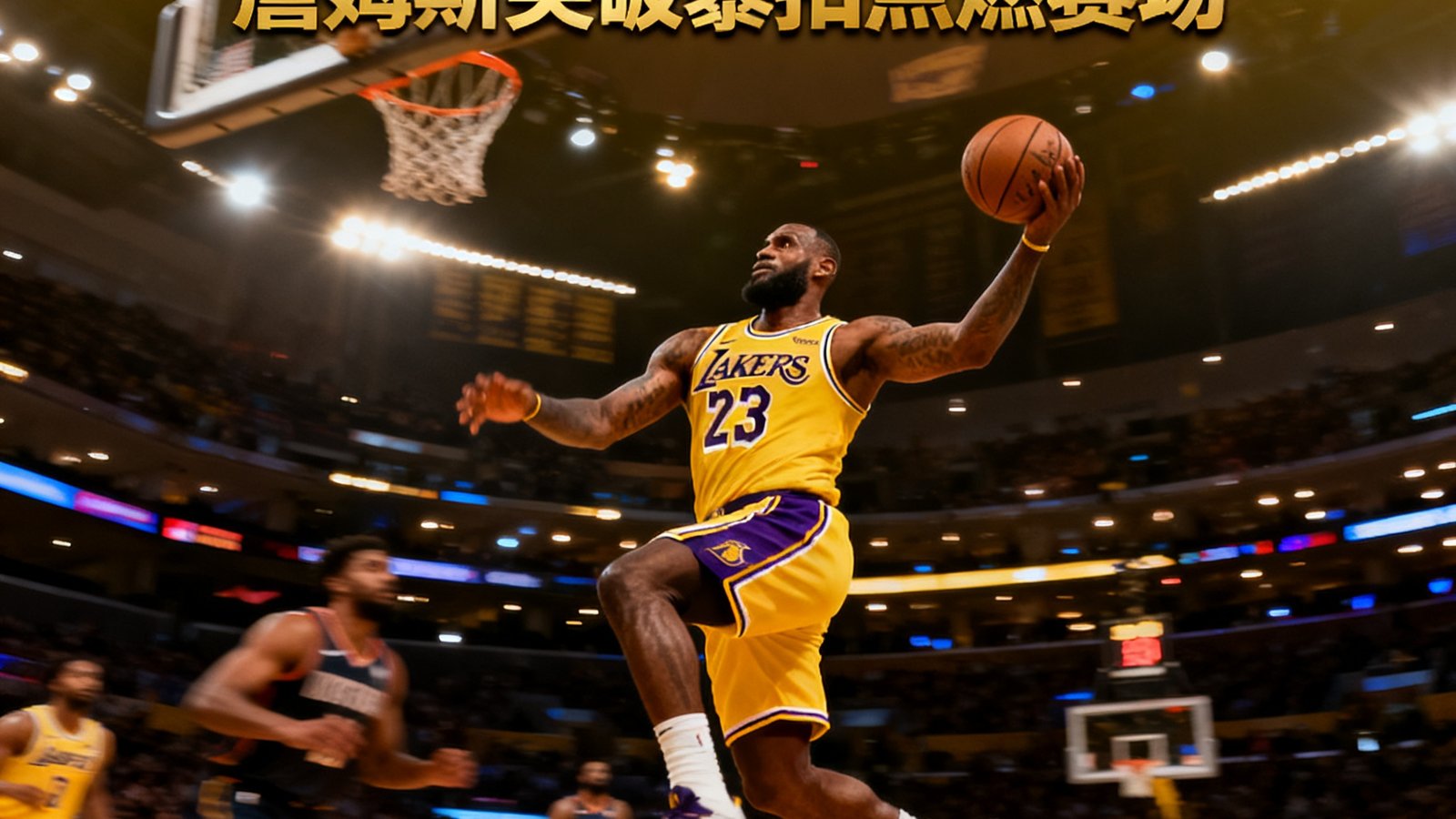 NBA常规赛战报封面，詹姆斯在比赛中突破上篮的精彩瞬间，球场灯光璀璨